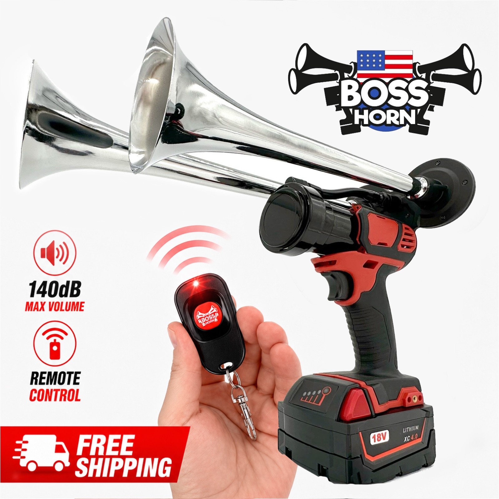 Boss Dual Train Horn for Milwaukee® 18v Battery + Remote / 14" Chrome Trumpets