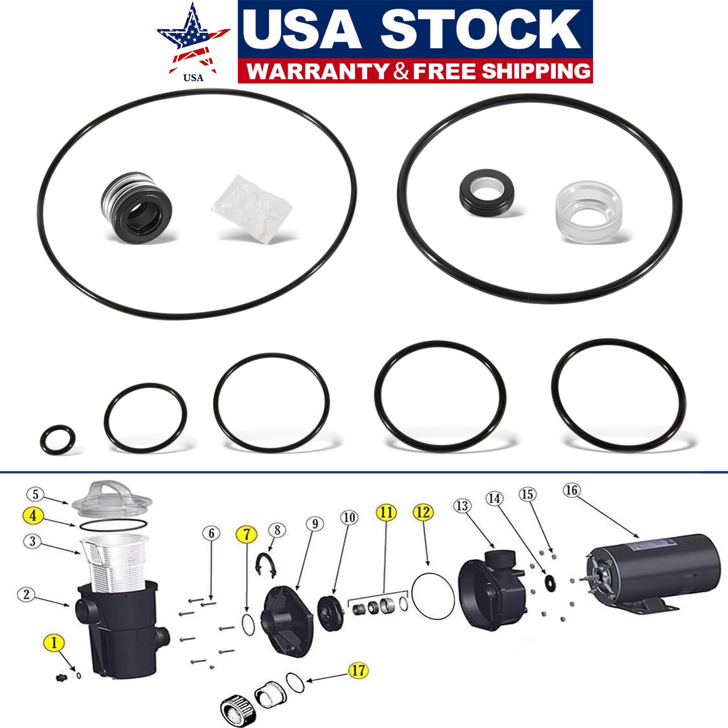 Pool Pump O-Ring Seal Rebuild Kit For Hayward Power-Flo LX SP1580 Series Pumps