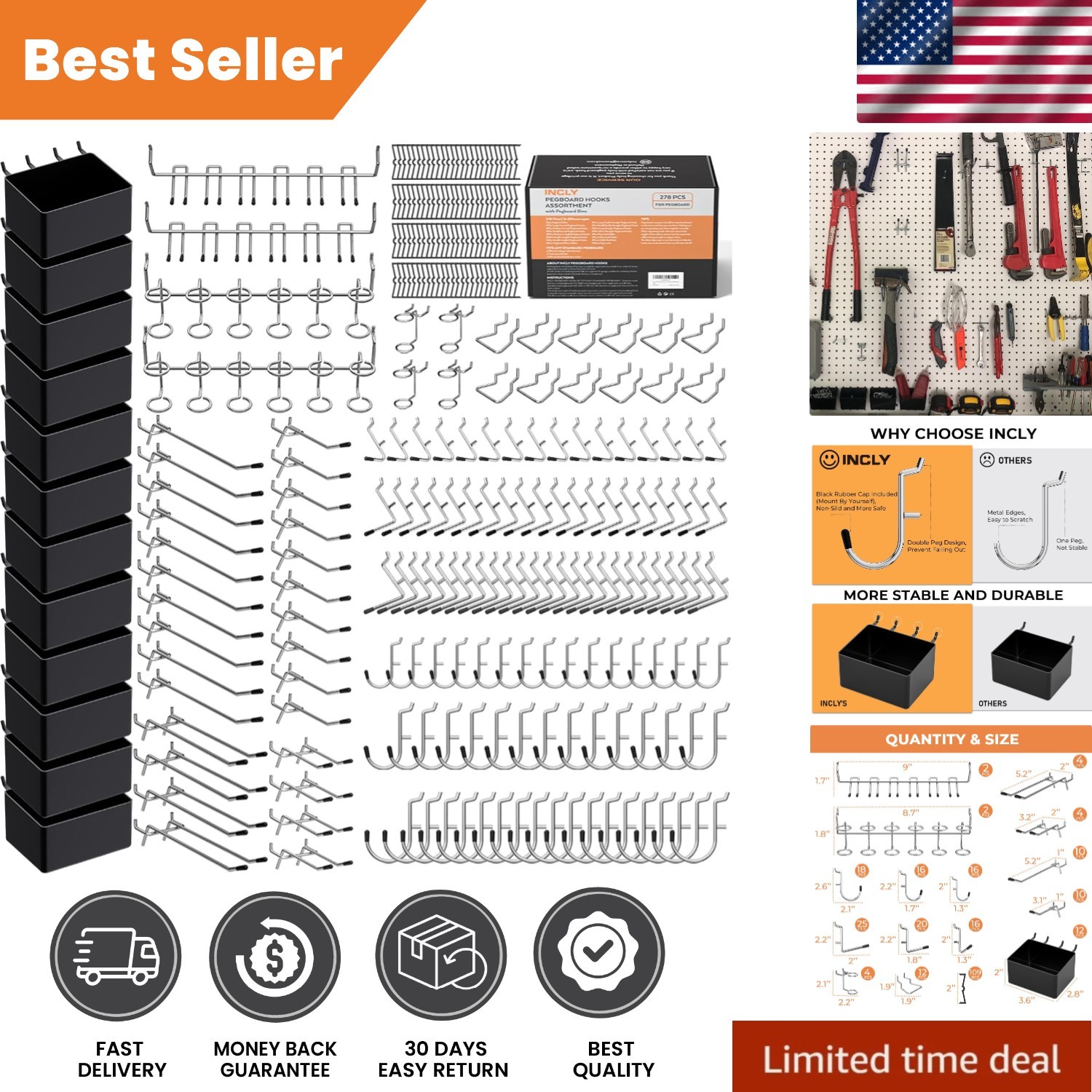 Versatile 278PCS Pegboard Organizer with Bins and Hooks for 1/8" & 1/4" Boards