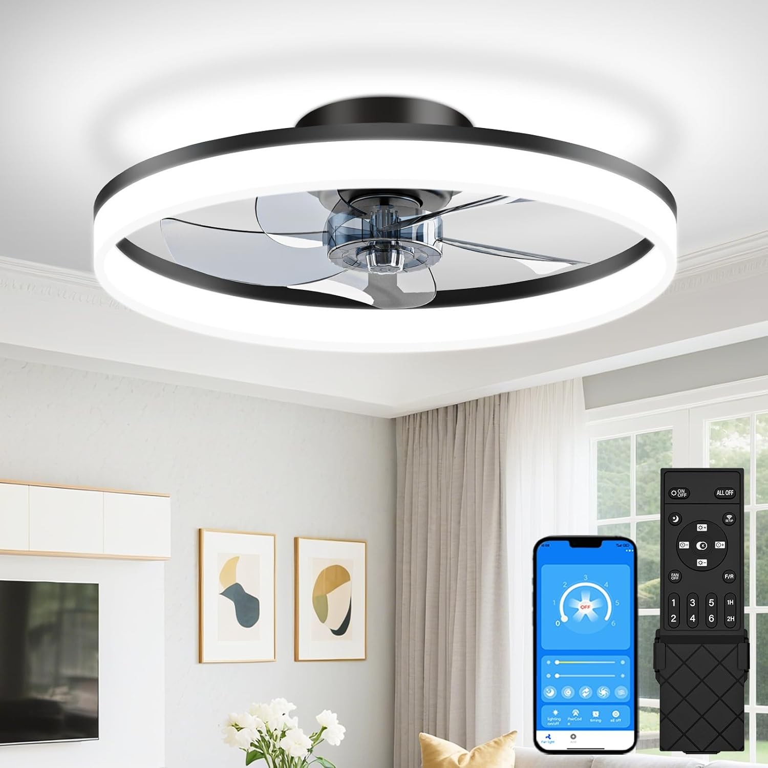 20'' Ceiling Fan with Light Flush Mount LED Ceiling Light w/App & Remote Control