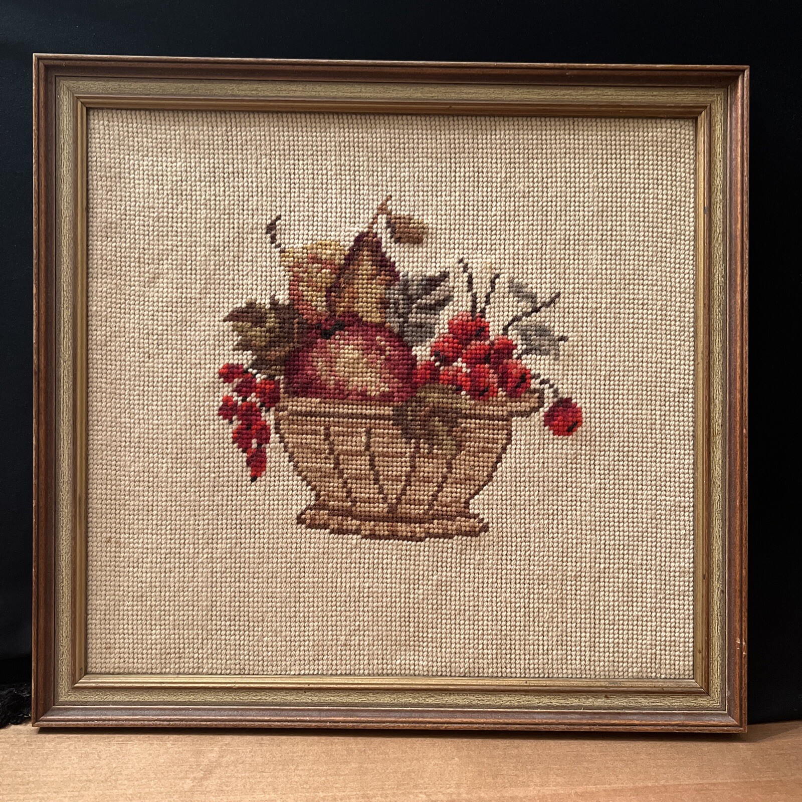 Vintage Framed Needlepoint Fruit Basket Wall Hanging No Glass 15" X 14”