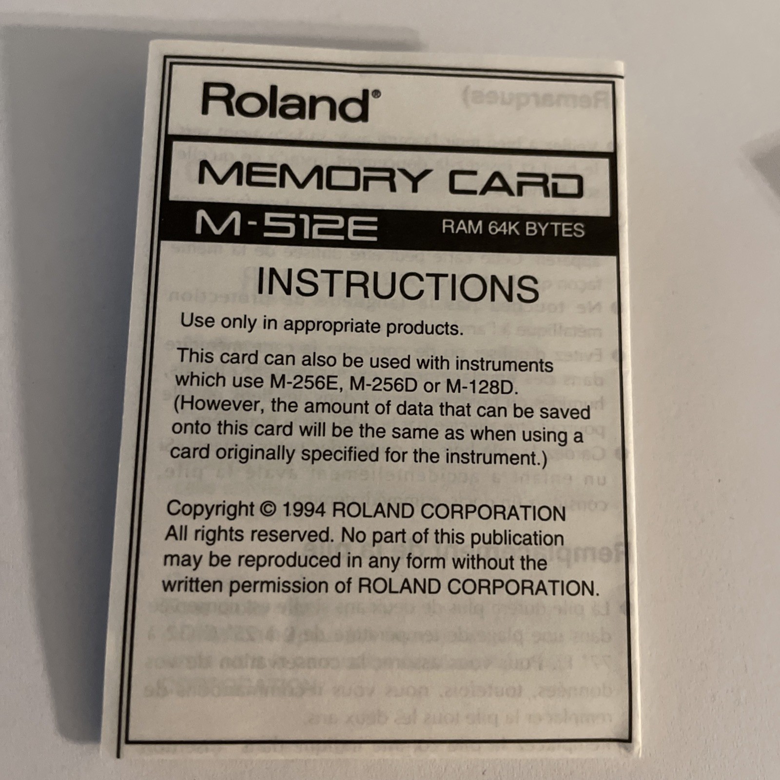 Roland M-512E Memory Card with Box and Instructions