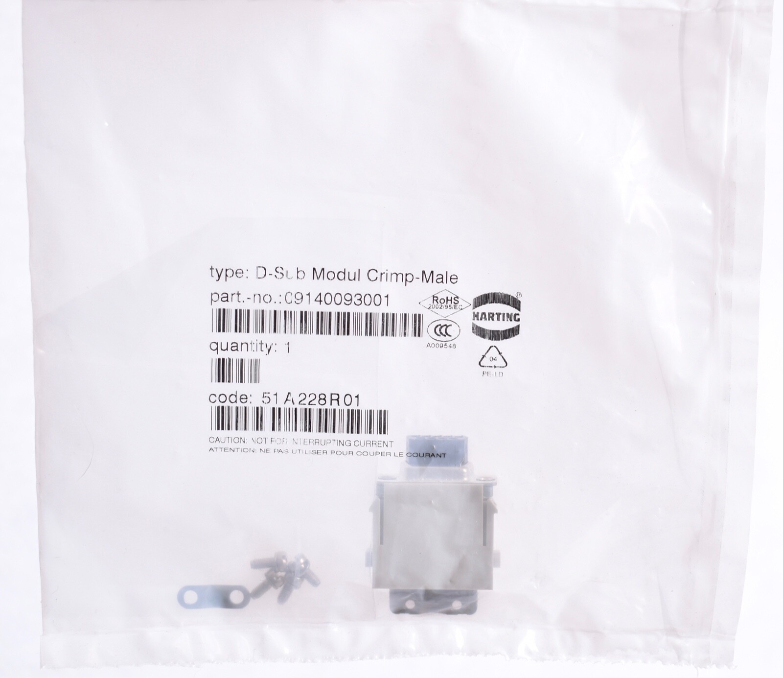 Harting HAN D-Sub Module Crimp Terminal Male 9 Contacts 5A 09140093001