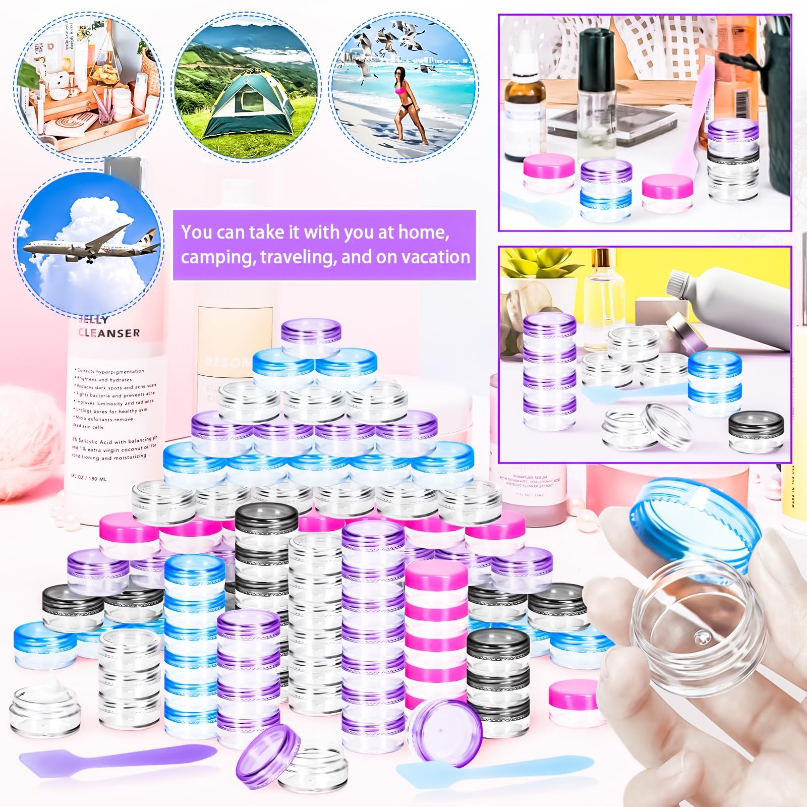 100 Pcs 5g Empty Plastic Containers with Colored Lids,Mini Makeup Sample Cont...