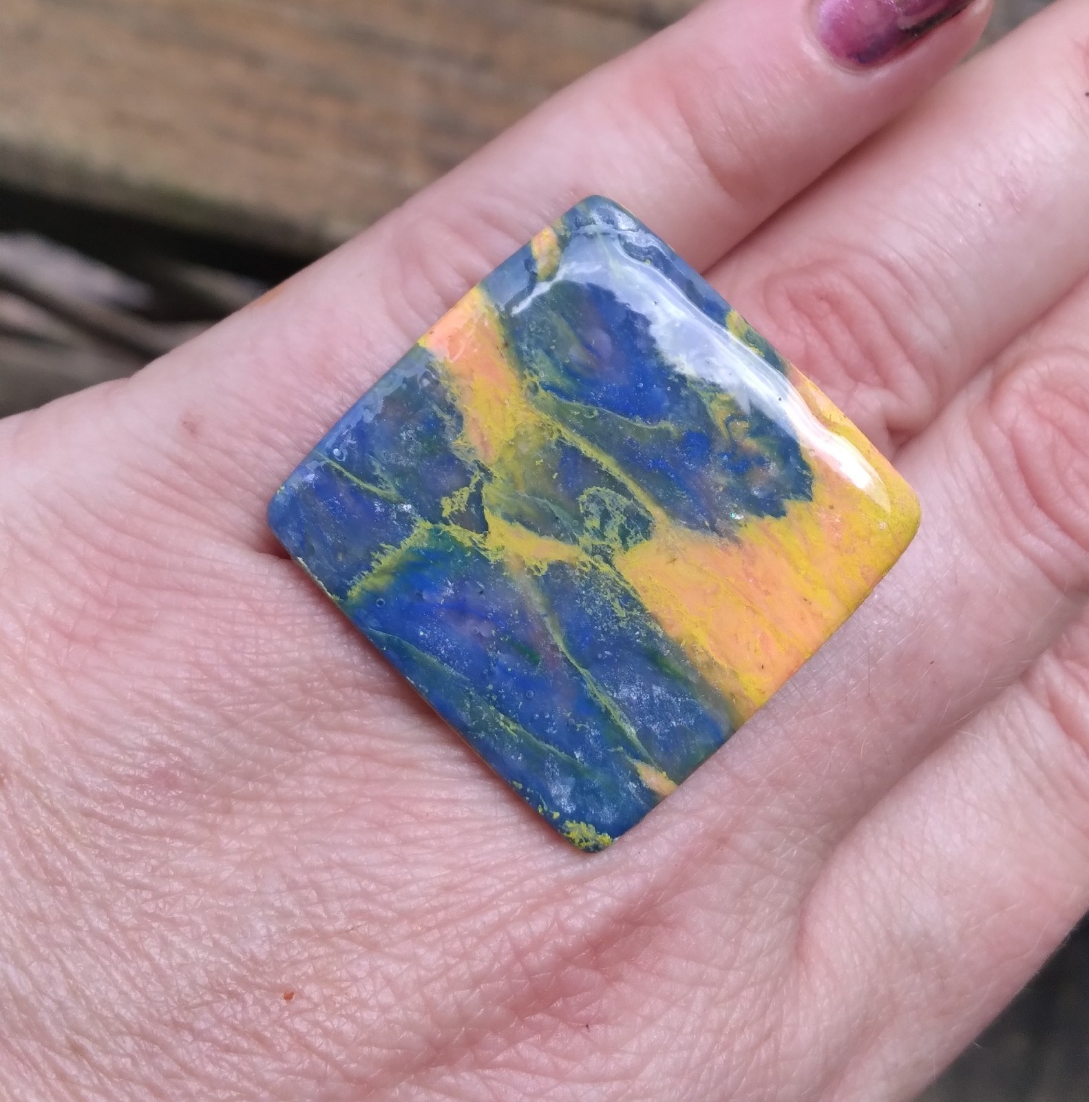 Handcrafted Silver Adjustable Polymer Clay Ring Square Blue Yellow Marbled