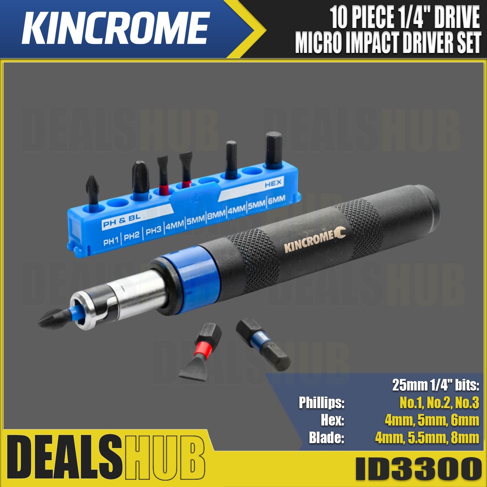 KINCROME 10 Piece 1/4" Hex Drive Micro Impact Driver & Bit Set ID3300