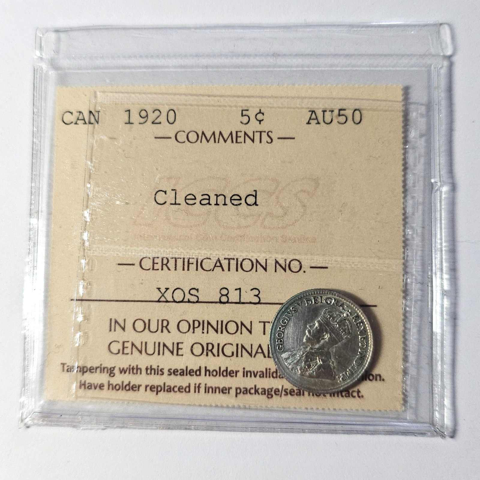 1920 - CERTIFIED ICCS AU-50 - Canada 5 five cents SILVER - CD-069