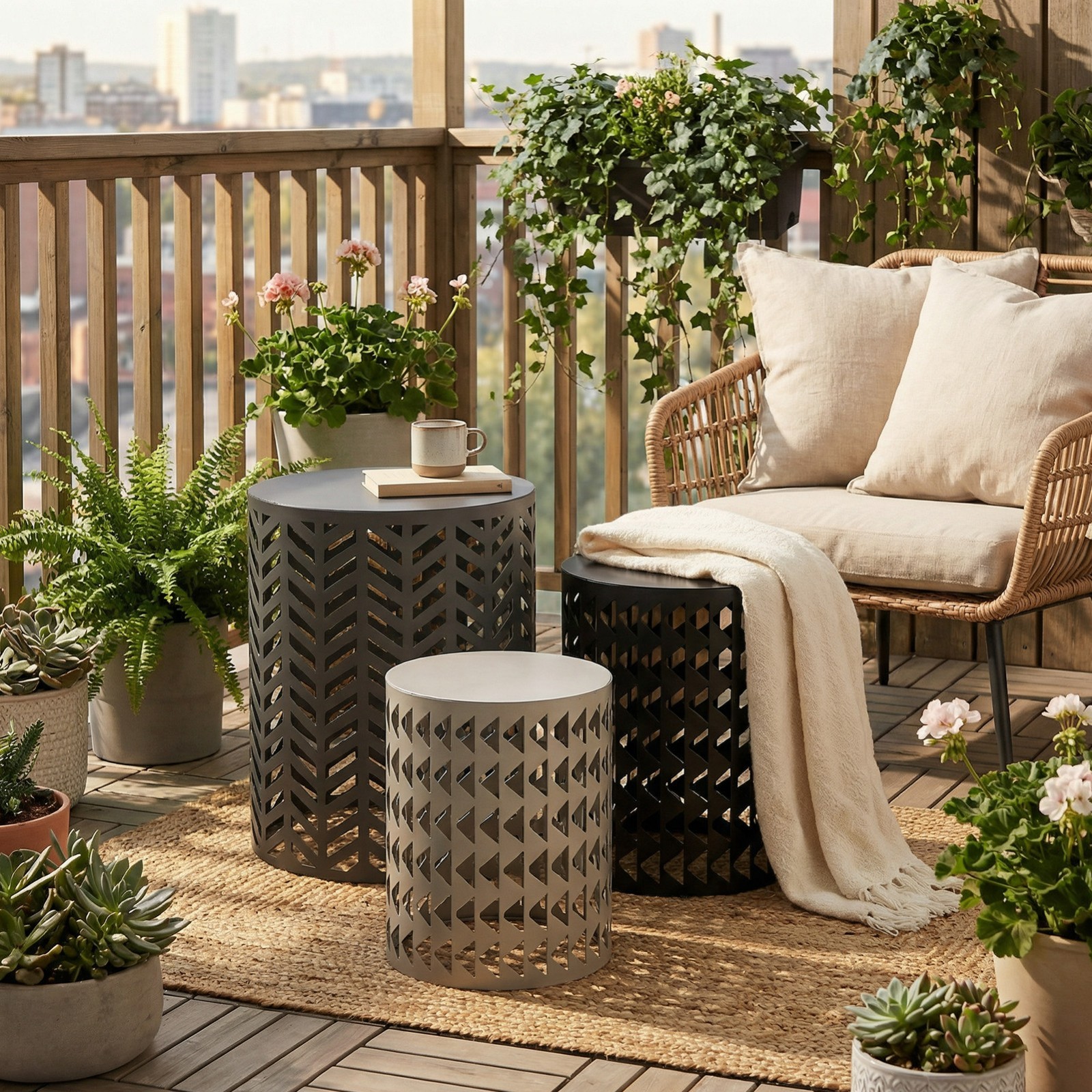 3PCS Patio Furniture Set Metal Cylindrical Stool Set Outdoor Patio Decoration