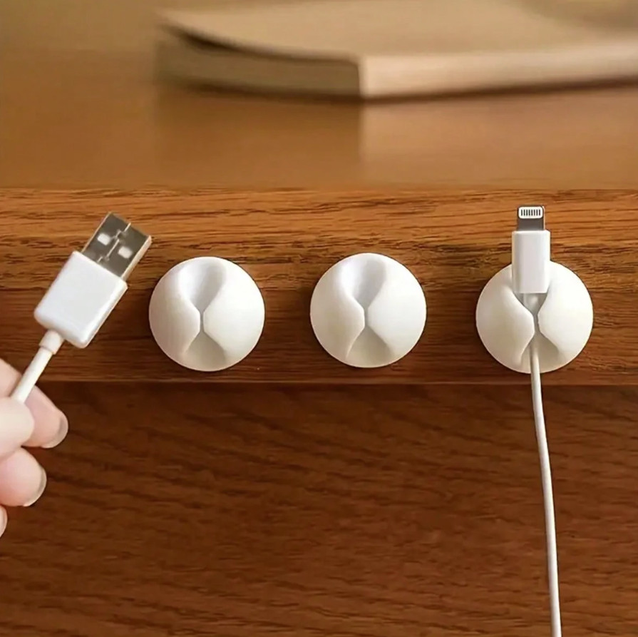 5pcs White Round Cable Clips – Self-Adhesive Cord Holders for Desk & Office