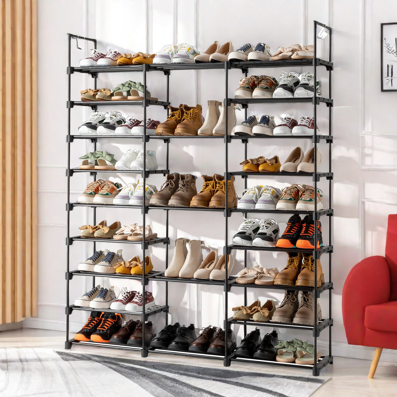 9-Tier Shoe Rack - Metal & Plastic, Space-Saving, Large Capacity & Black