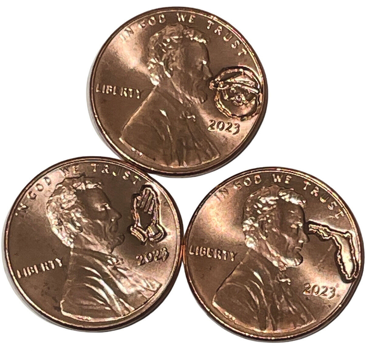 3 Coin Set 2023 Praying Hands Santa Florida Counterstamp Imprint Lincoln Cents