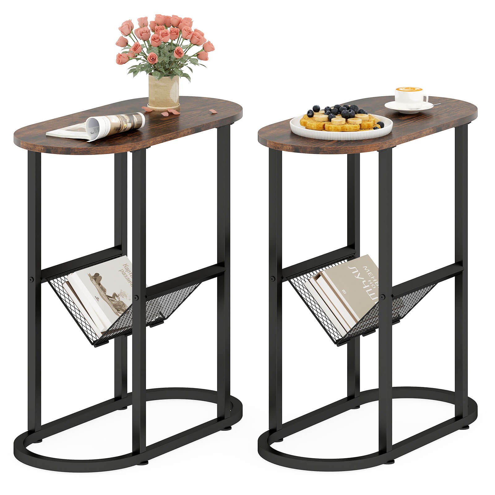 2 PCS Industrial Side Table End Coffee Table Compact Nightstand with Mesh Shelf