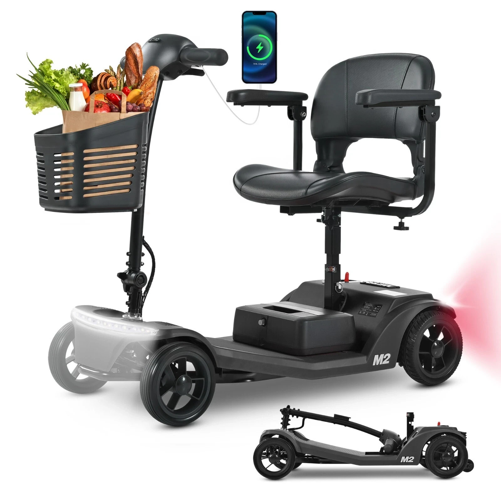 New Lightweight Travel Mobility Scooter Foldable 4 Wheels  330lb Capacity