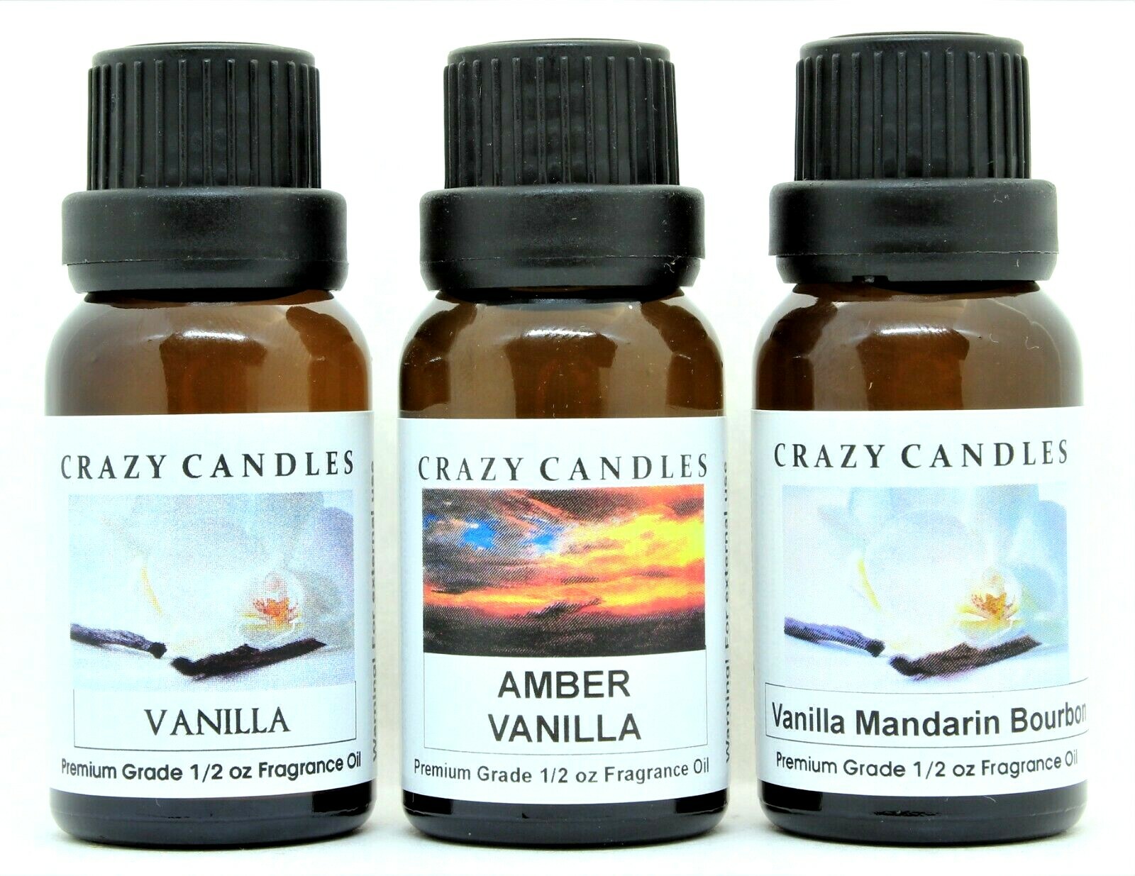 3 Oils Set Vanilla, Amber Vanilla, Vanilla Mandarin Bourbon1/2oz Crazy Candles