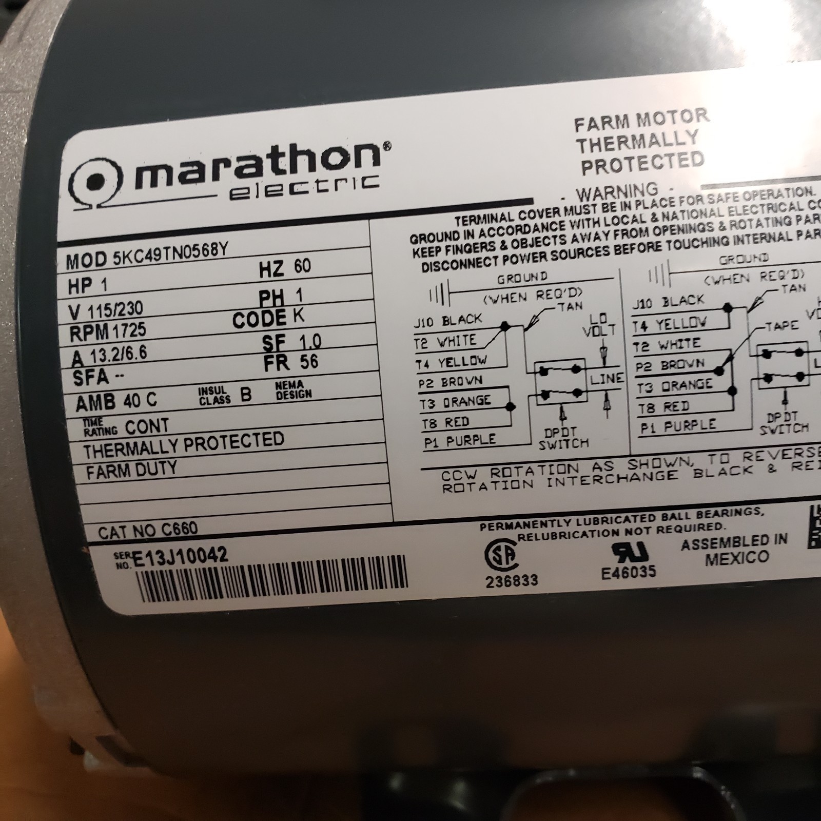 Marathon C660 5KC49TN0568Y Gen. Purpose Mtr., 1 HP, 1 Ph, 60 Hz, 115/230 V, 1800