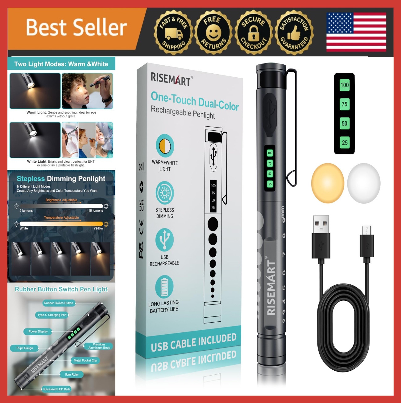Rechargeable LED Medical Penlight, Stepless Dimming, Warm/Cool Light, Portable