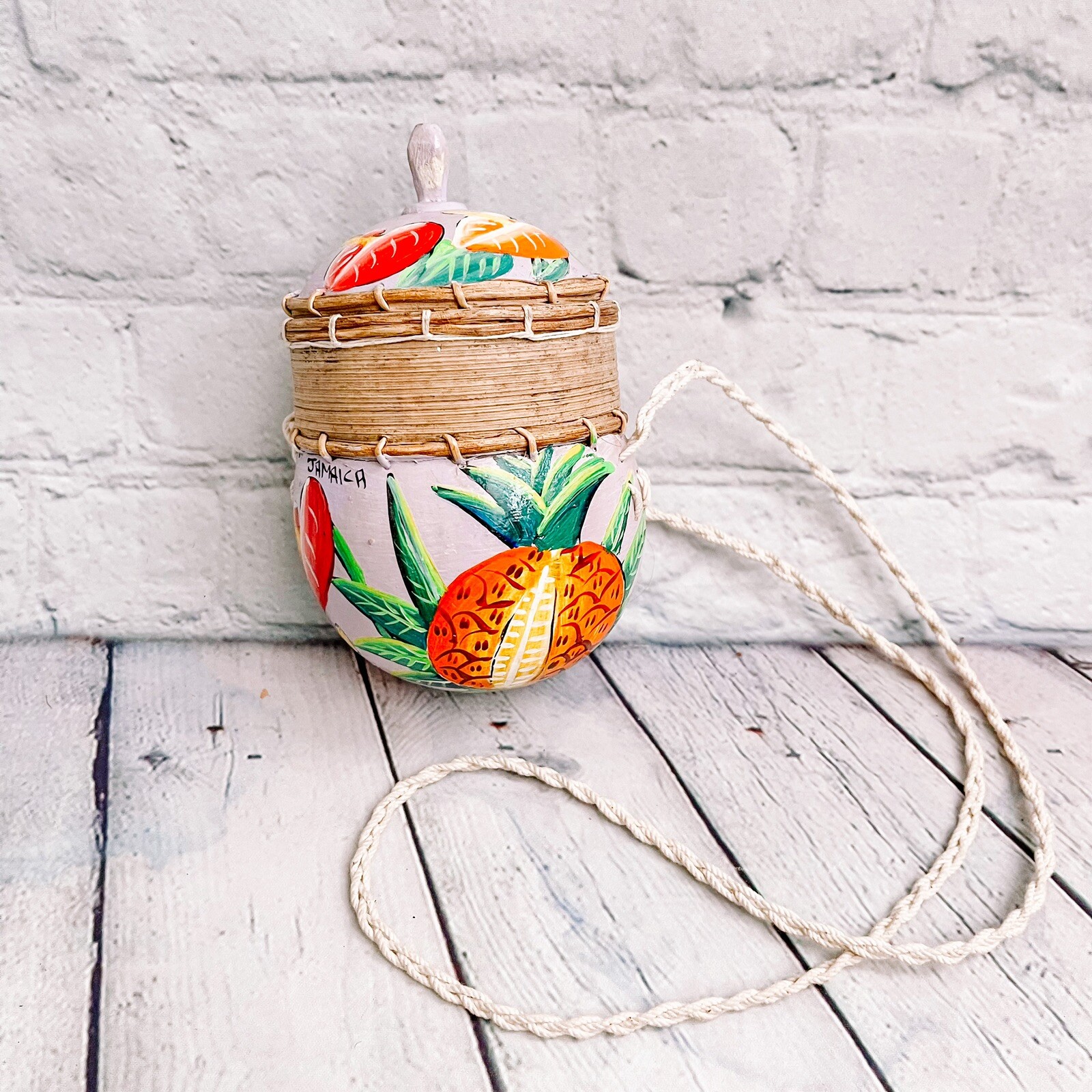 Jamaica Vtg Hand Made Container Hanging Basket W/ Lid Signed E Thompson Floral