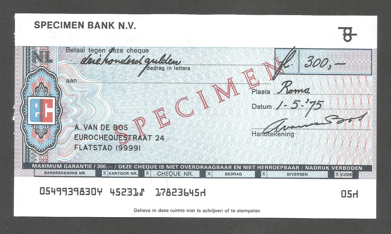 Netherlands -  Euro-Check 300 Gulden 1.5.1975; AU+; P-Not listed; SPECIMEN