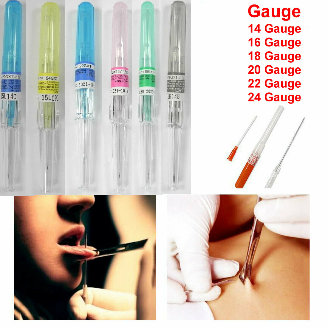 Sterile Body Piercing Need les w/ Cannula Body Disposable Approved Med Grade .