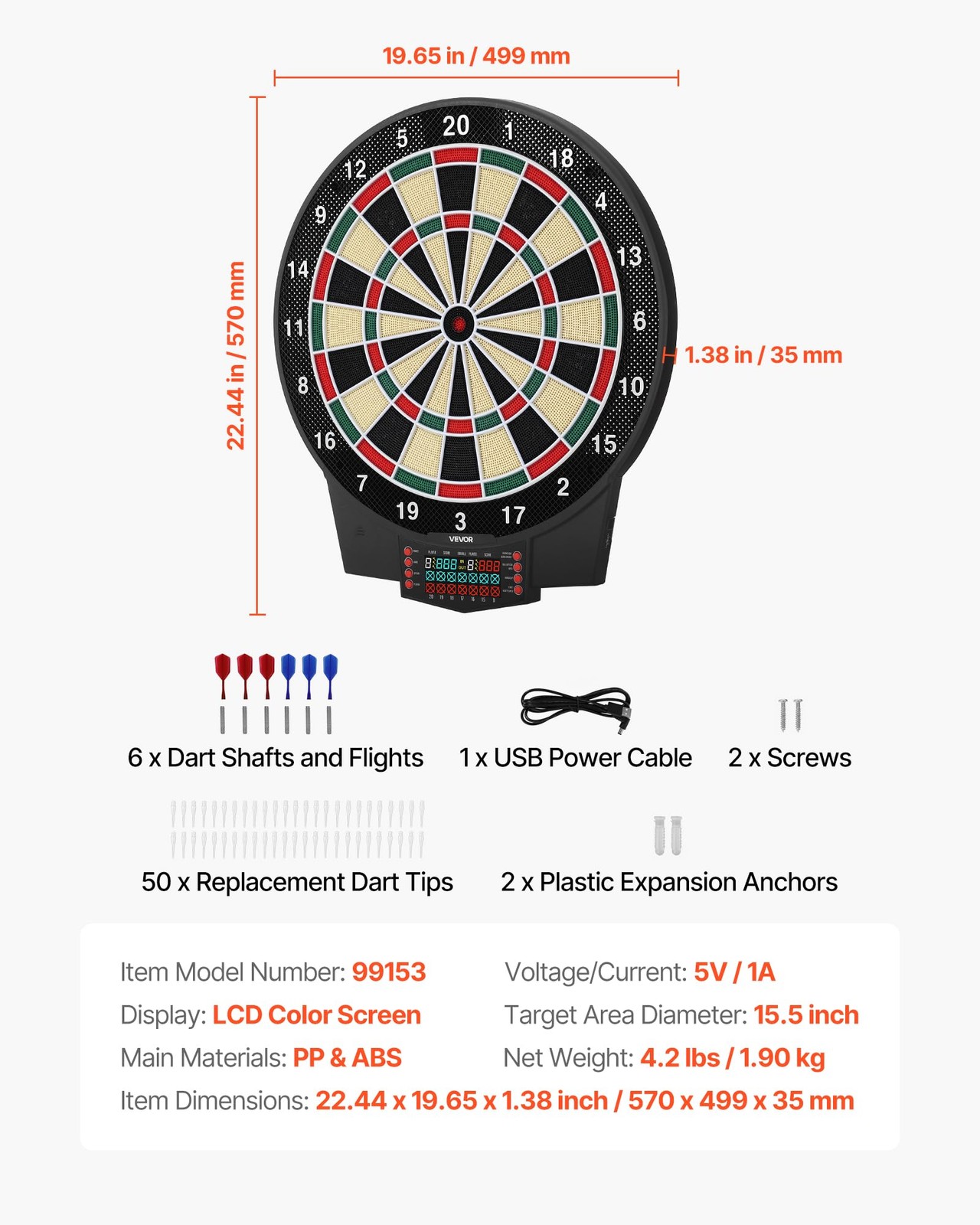 VEVOR Electronic Dart Board, 15.5" Target, 43 Games, 320+ Variations, 8 Player