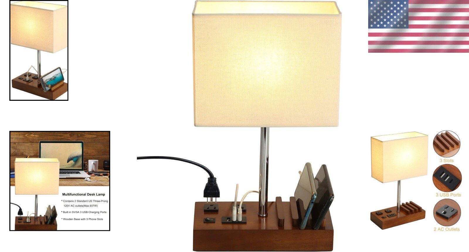 Elegant USB Table Lamp with 2 AC Outlets & 3 Charging Ports for Versatile Use