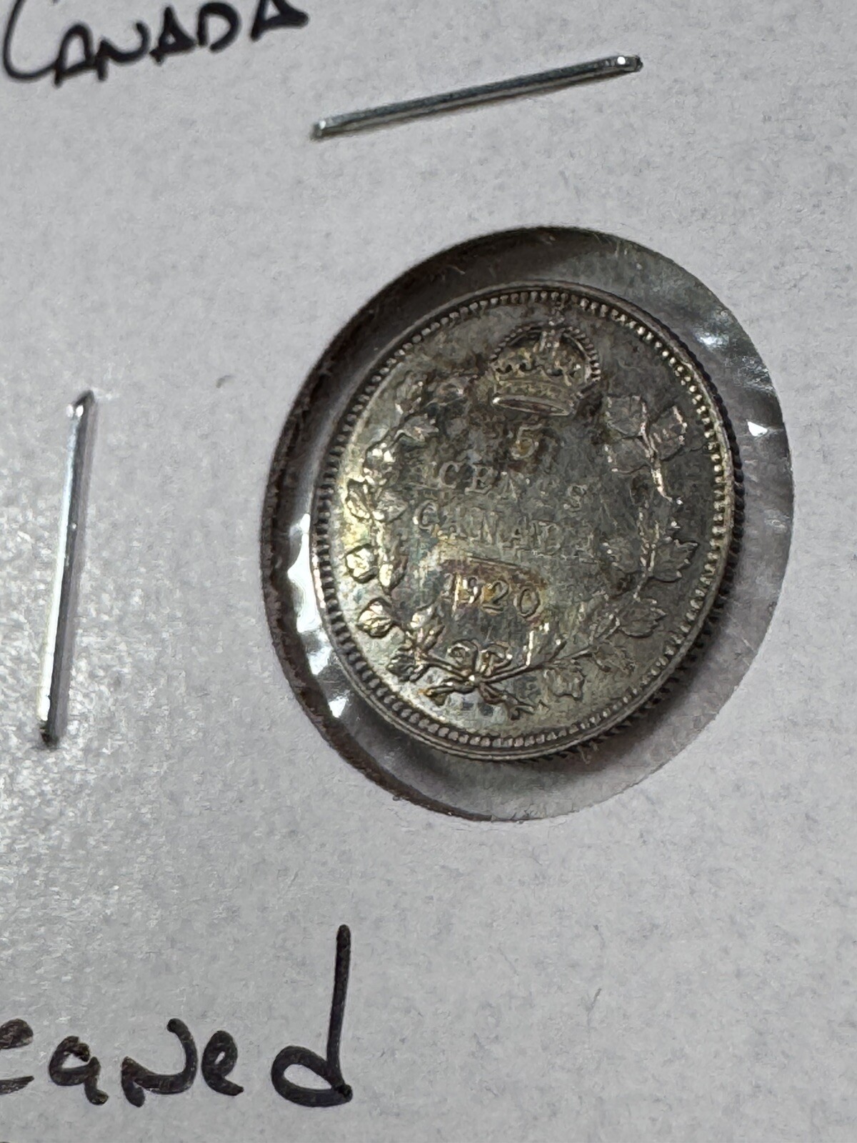 1920 Canada 5 Cents Small Silver Coin Cleaned