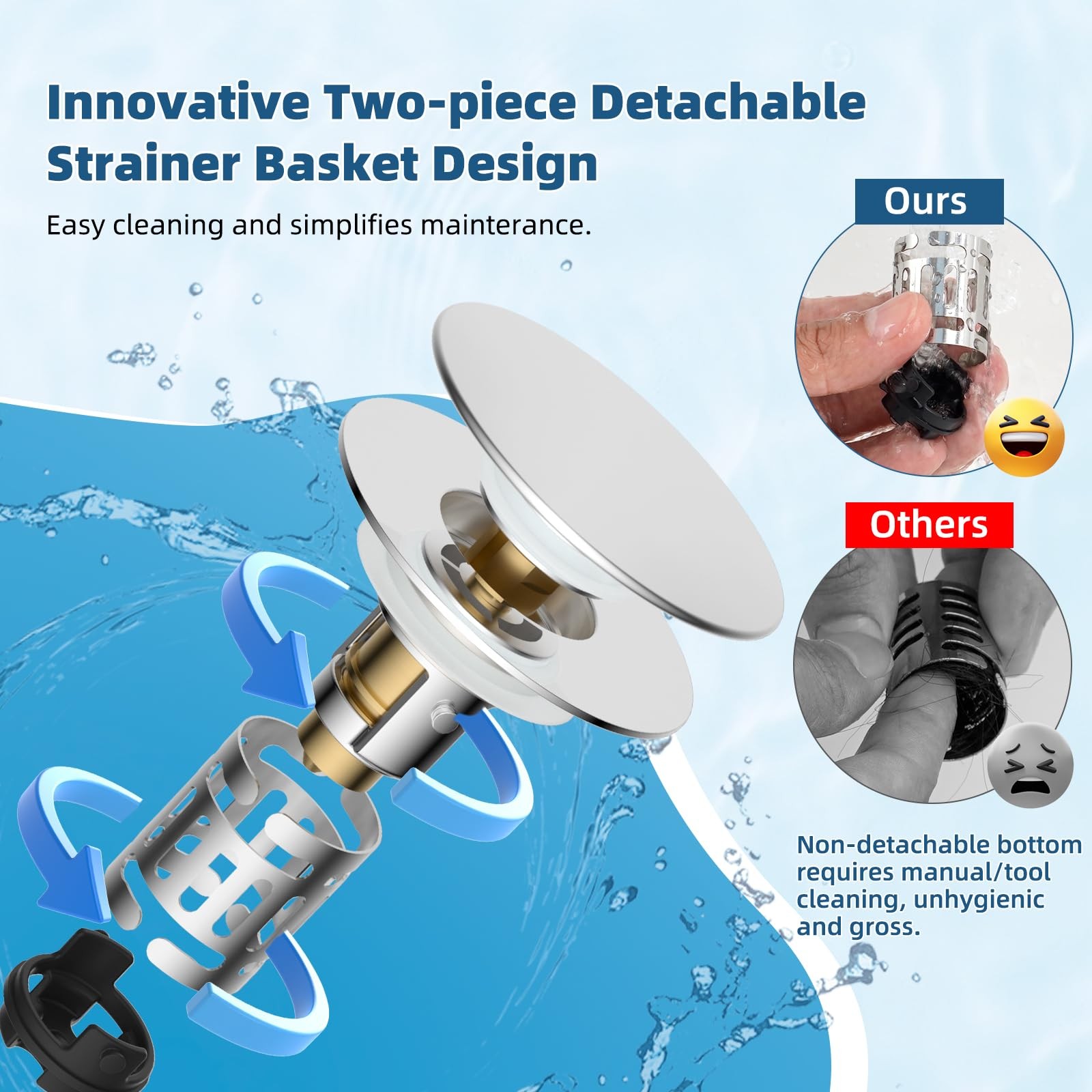 Hibbent Upgraded 3 in 1 Bathroom Sink Drain Strainer, Universal Pop Up Chrome