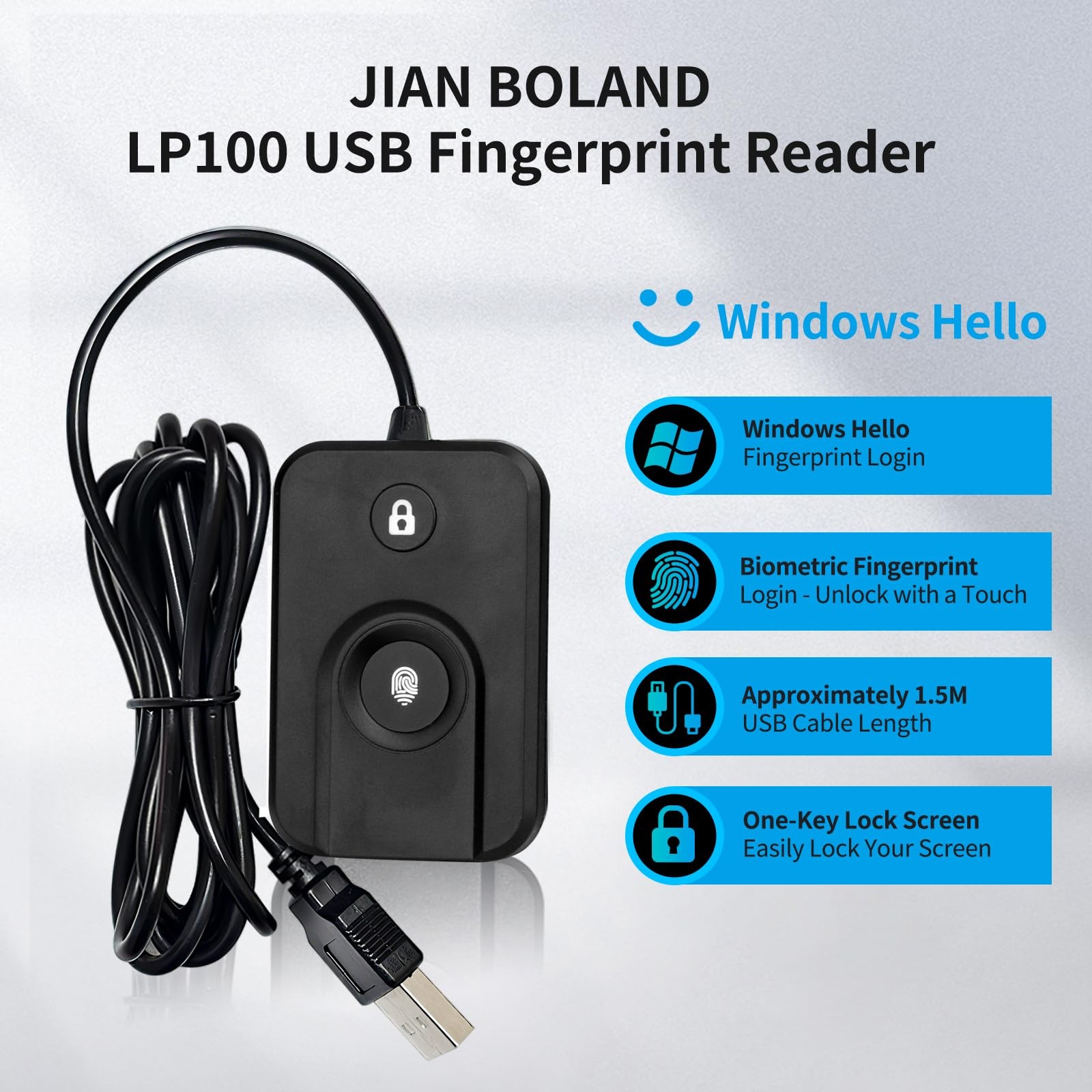 JIAN BOLAND USB Fingerprint Reader for Windows10/11, Windows Hello...
