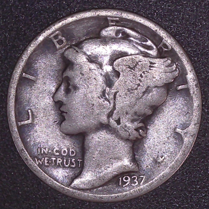 1937-P Mercury Winged Liberty .10c Dime 90% SILVER Philadelphia Mint
