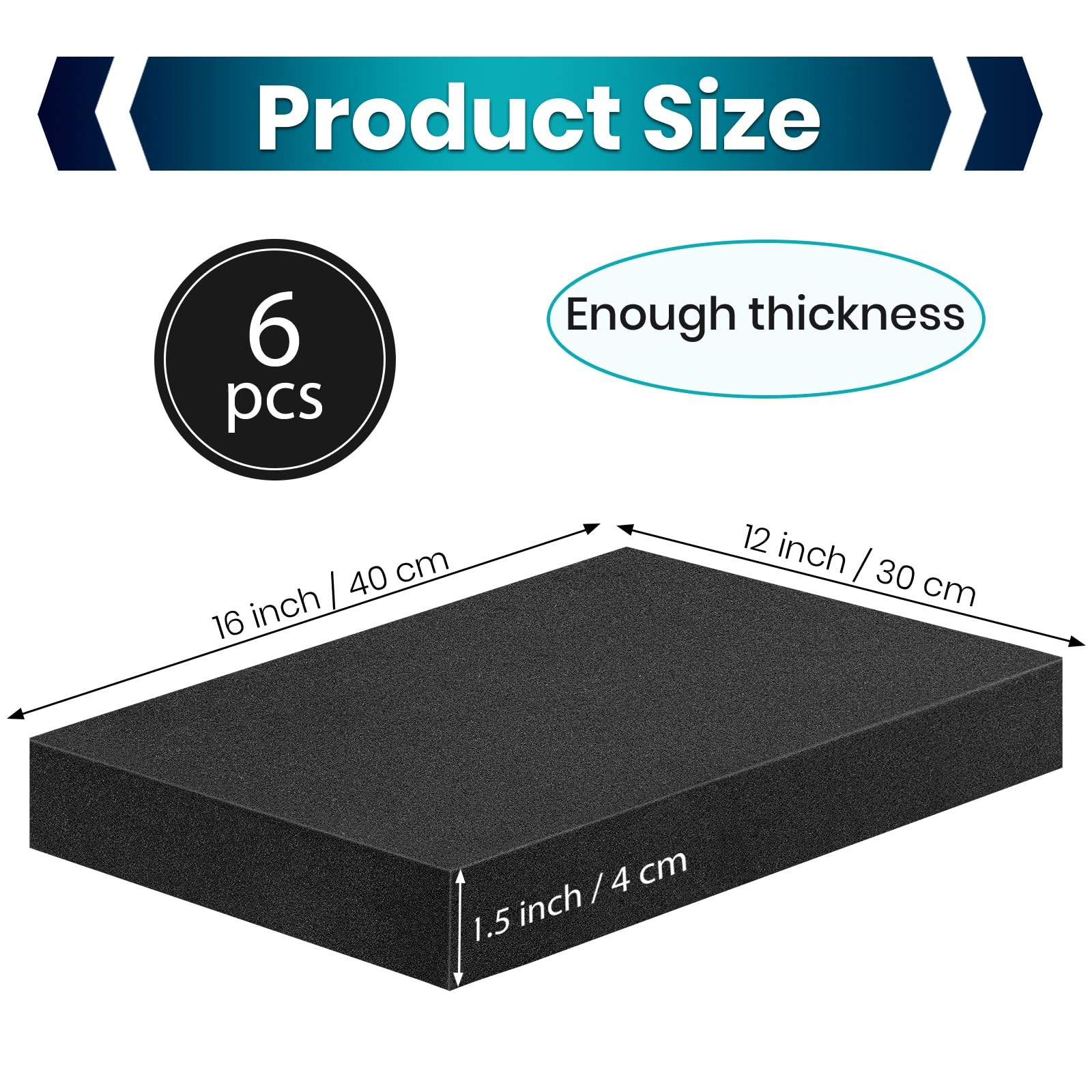6 Pcs 16x12x1.5 Inches Polyurethane Foam Packing Inserts Black