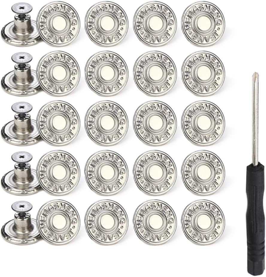 20 Sets Adjustable Buttons for Jeans, 20mm No Sew Instant Metal Silver