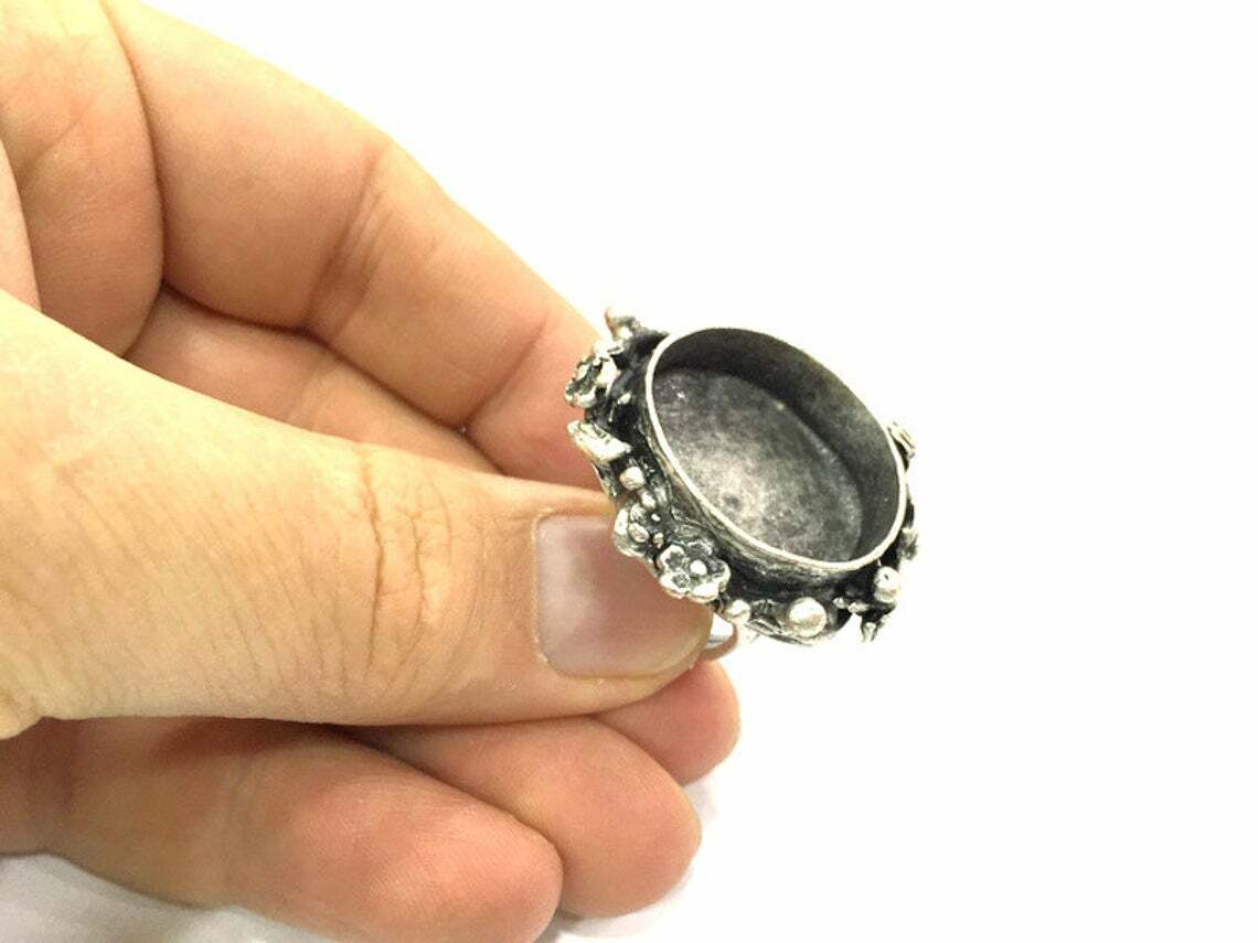 Flower Round Blank Ring Settings Bezel Cabochon Mountings Adjustable Silver