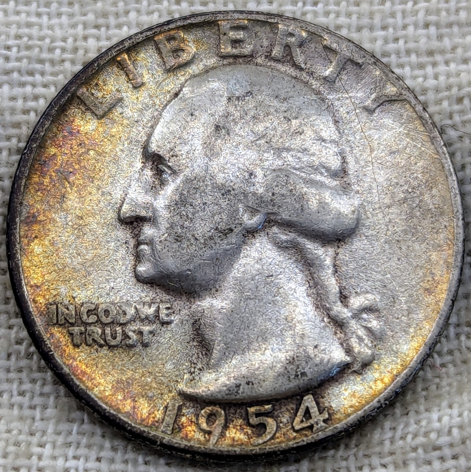 1954 Washington Quarter Fine : Colorful Tone, Philadelphia Mint -.9 Fine Silver
