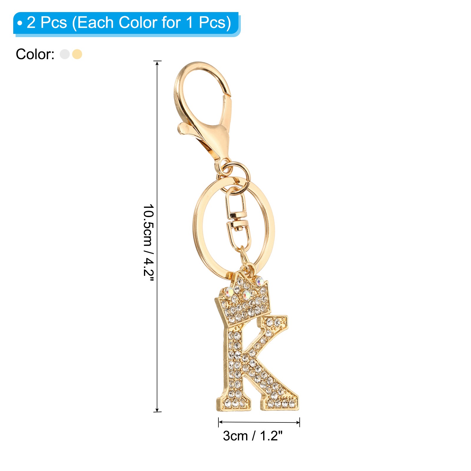 Initial Letter Keychain, 2 Pcs Letter K Crown Design Charm, Gold/Silver