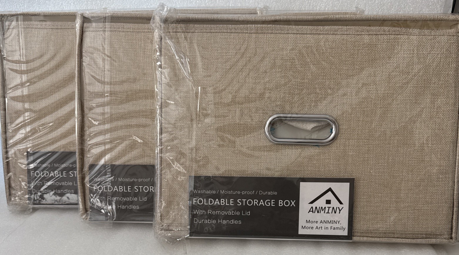 Sturdy Foldable Storage Cubes Tan Burlap w/Handles & Lid LOT-OF-3 14"x10"x10"NEW