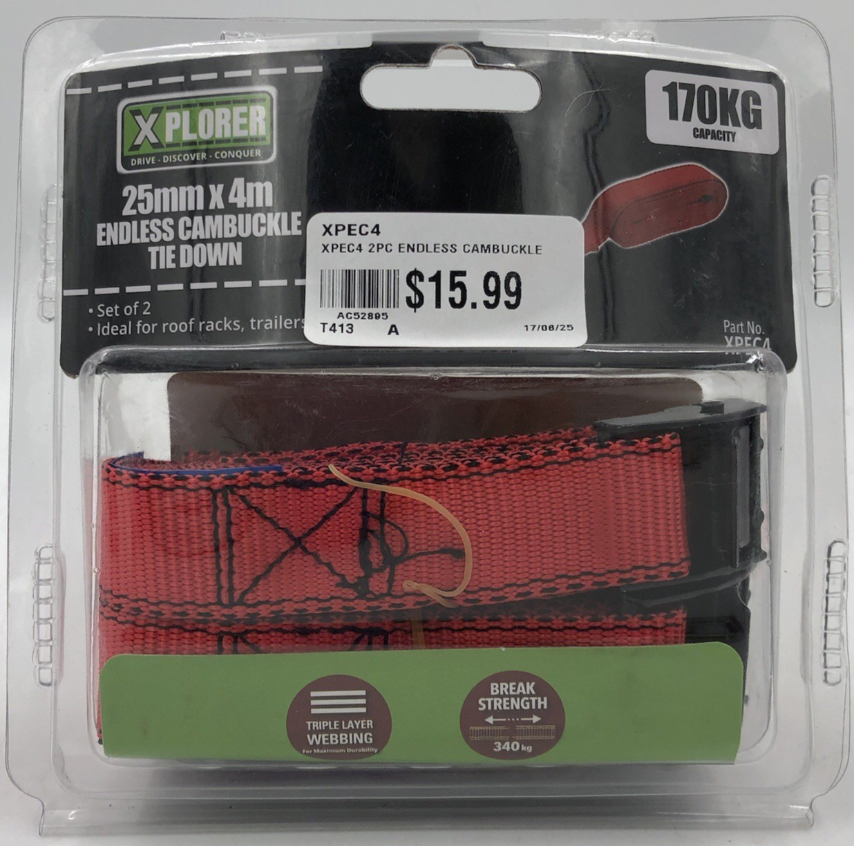 XPLORER 2 Piece Endless Cambuckle Tie Down Straps 25mm x 4M 170kg - Capacity