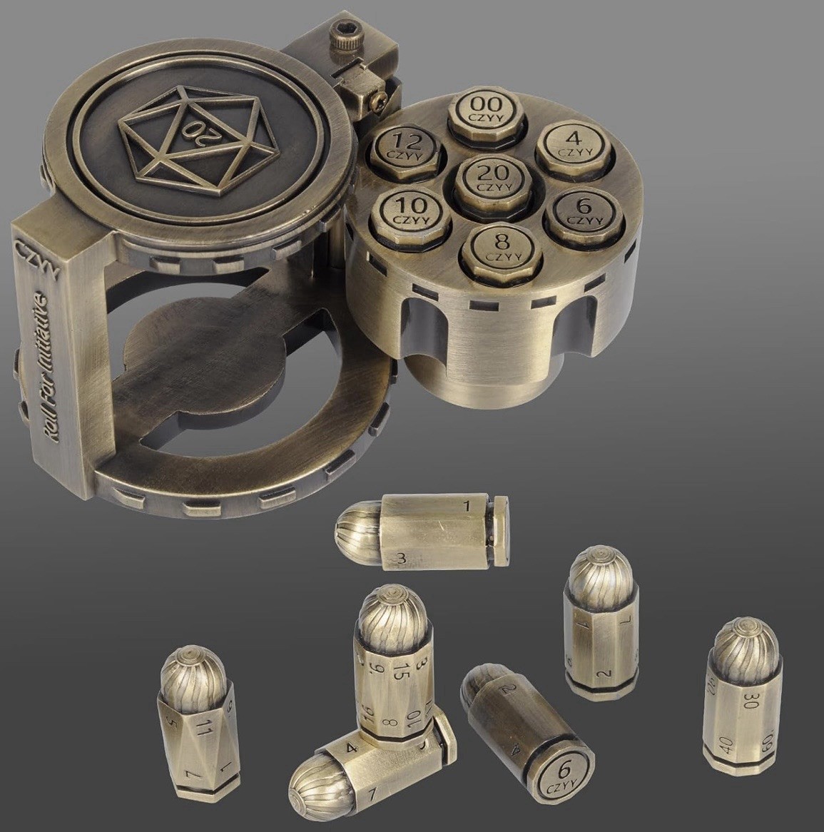 Metal Polyhedral Bullet Dice with Spinning Revolver Cylinder Case, Bronze