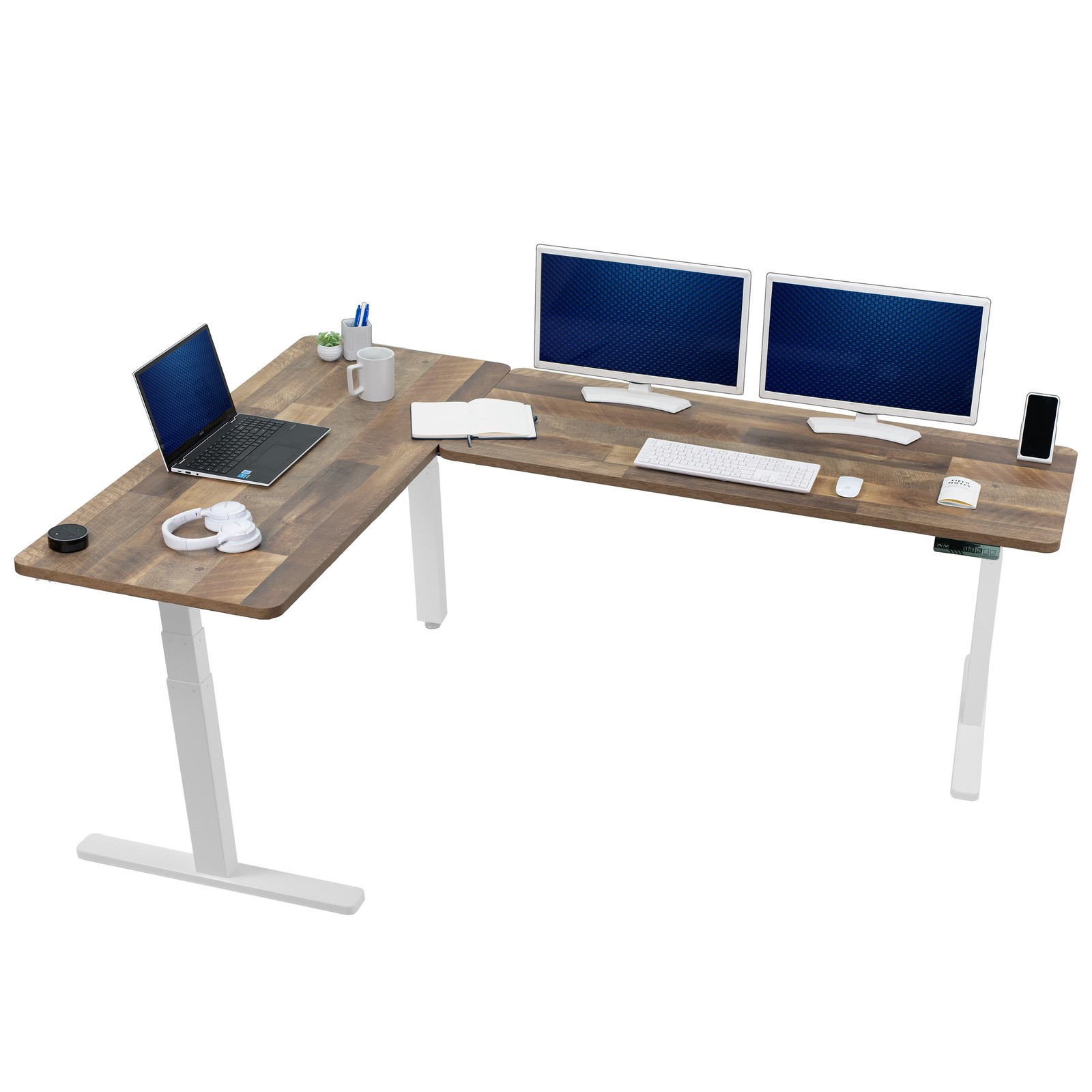 VIVO Electric 83" x 60" Stand Up Corner Desk, Reclaimed Wood Tops, White Frame
