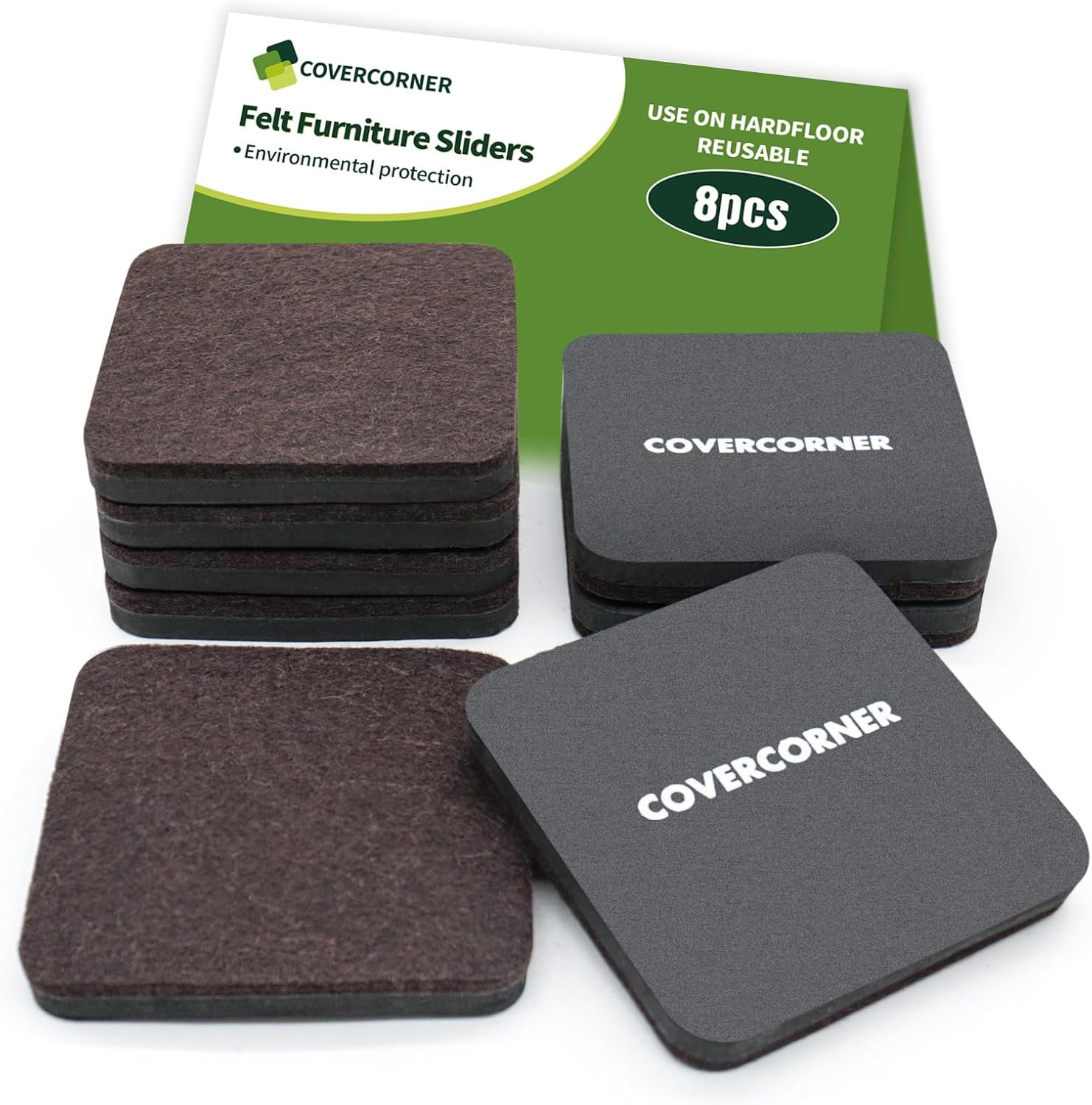 Felt Furniture Sliders for Hardwood Floors 8 PCS - 3 1/2 Inch Square Moving Slid