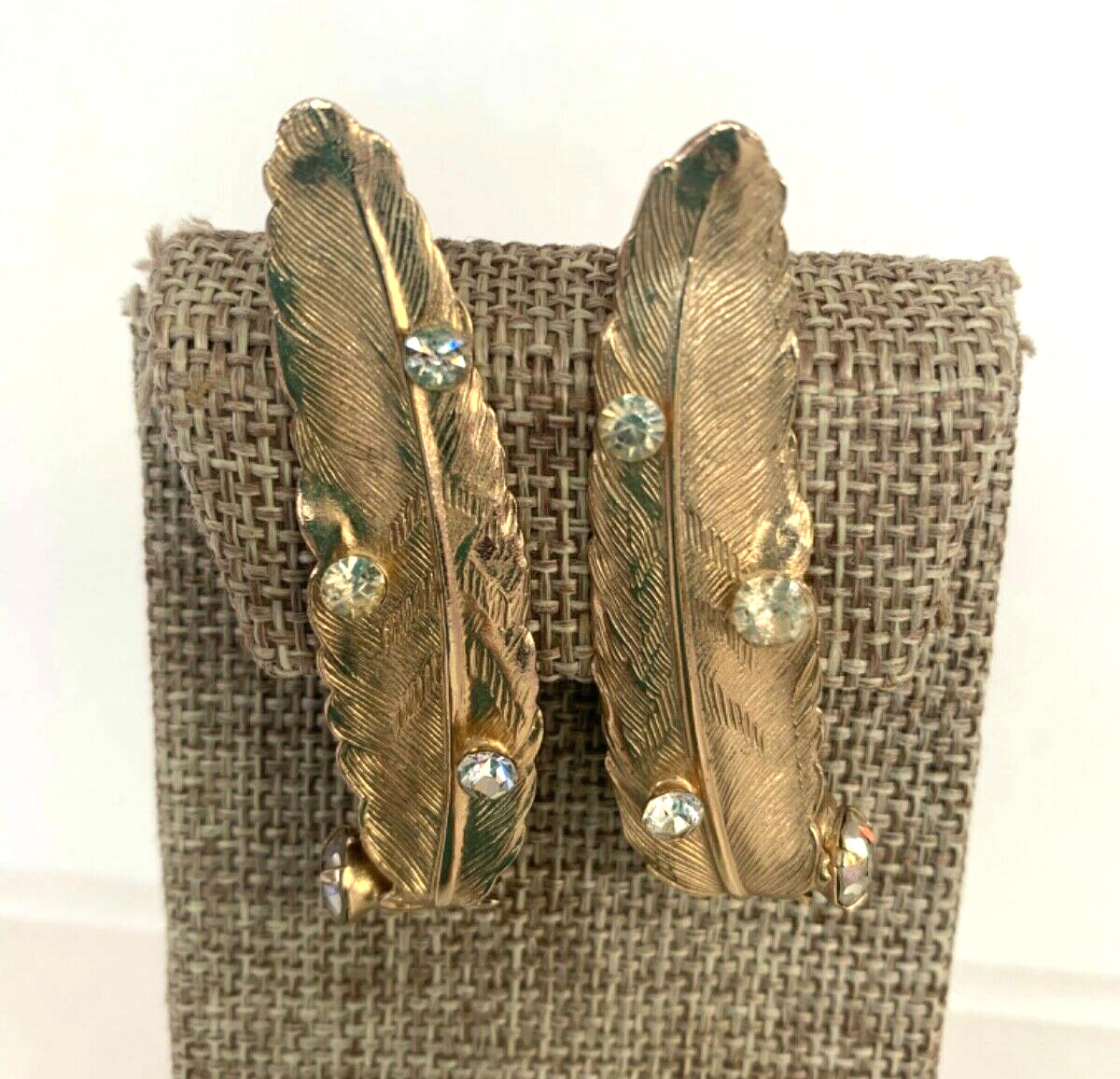VTG Leaf Earrings Clip On Climbers 2" L Unsigned Brushed Gold Tone Rhinestones