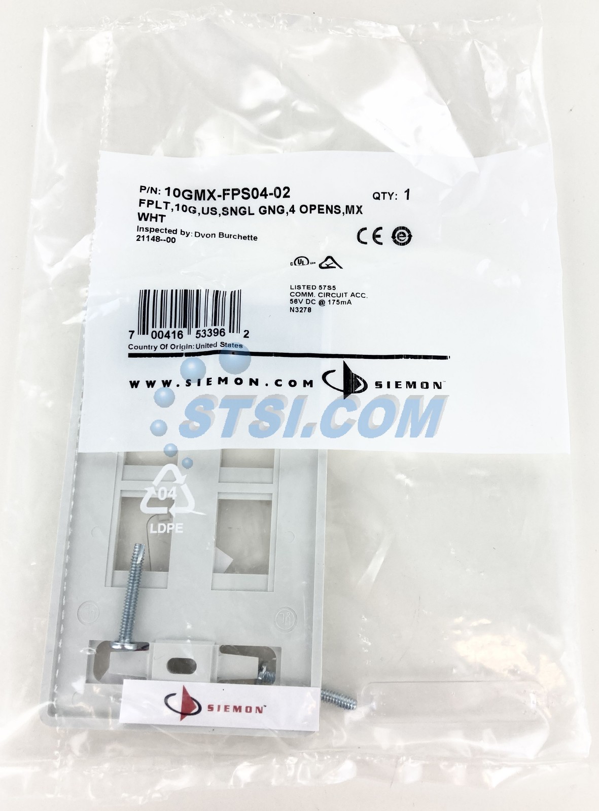 Siemon 10GMX-FPS04-02 10GMX Single Gang Faceplate 4-Port White ~STSI