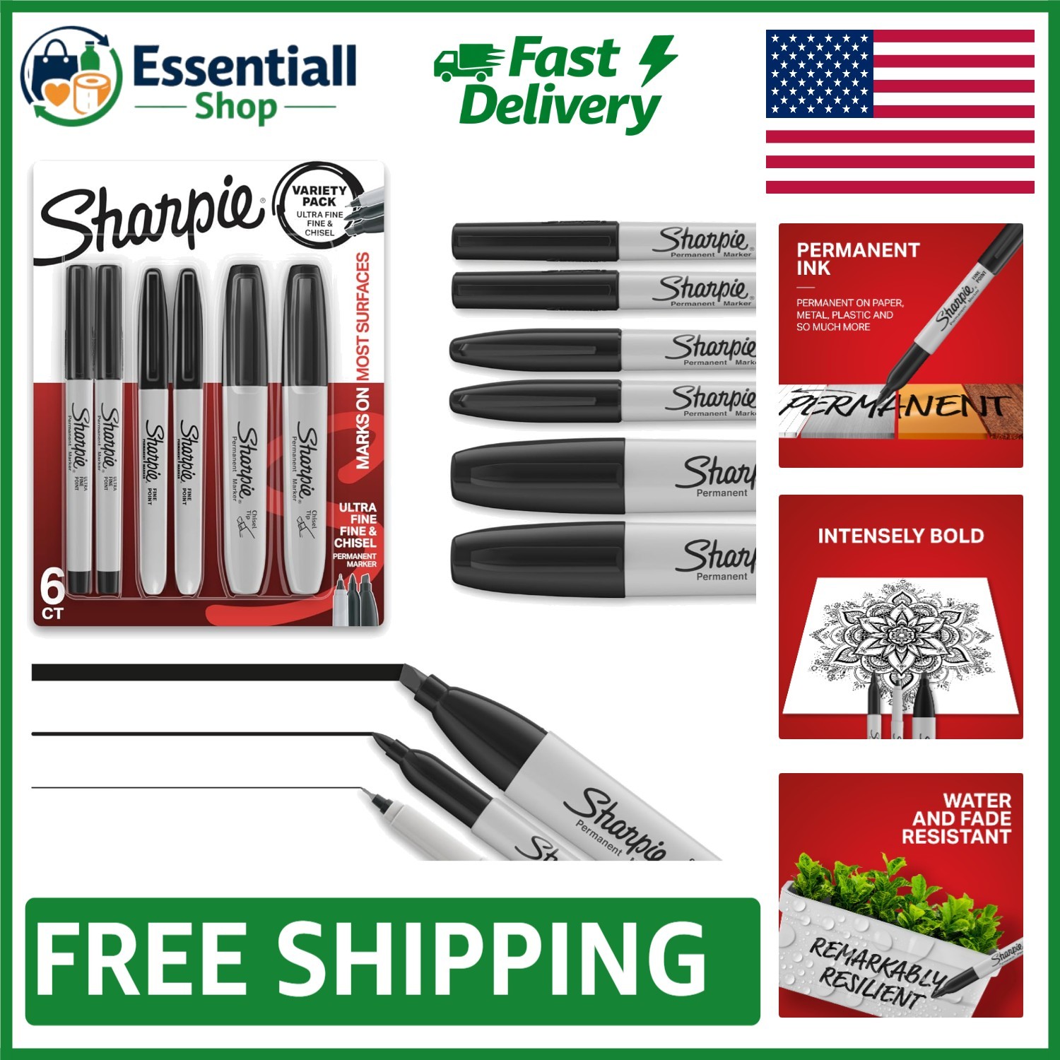 6 Count Black Permanent Markers Set with Fine, Ultra-Fine, & Chisel Tip Options