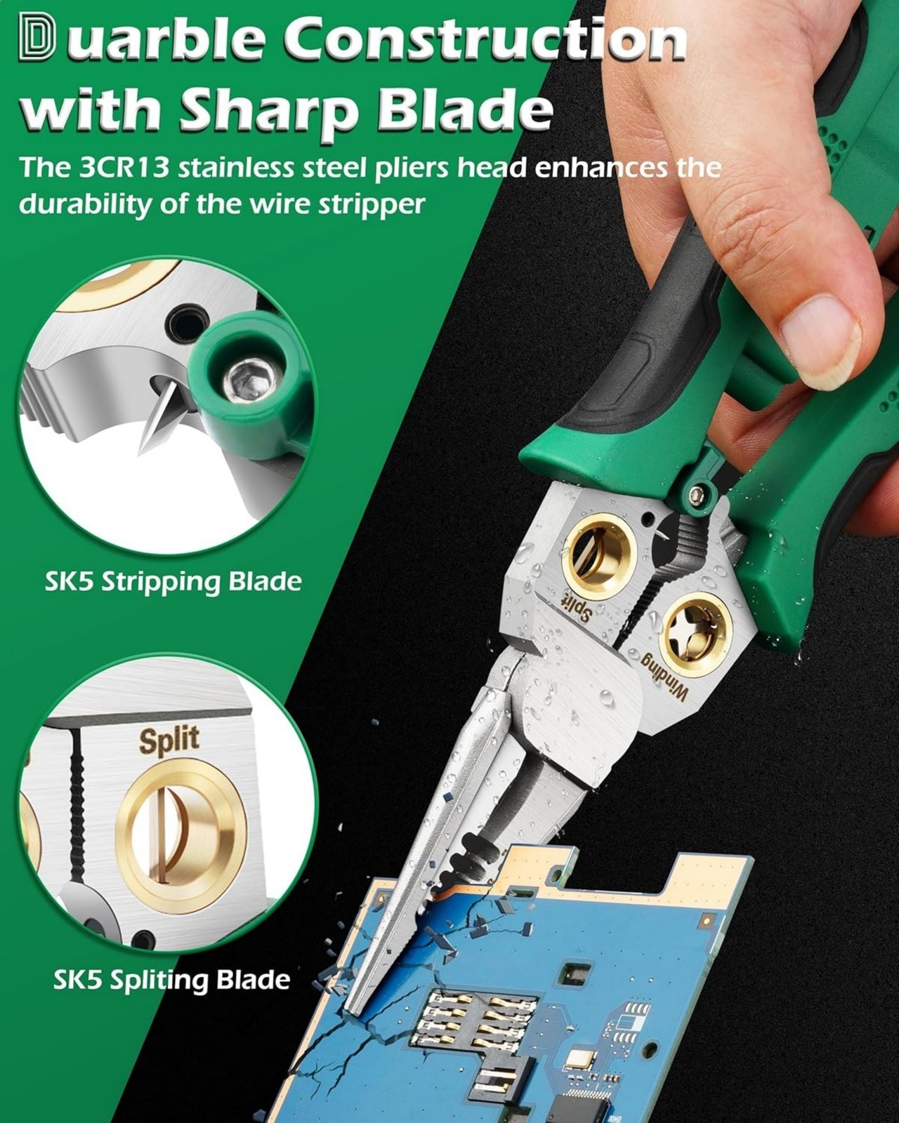 Durable Green Multifunctional Wire Stripper Twister & Voltage Tester