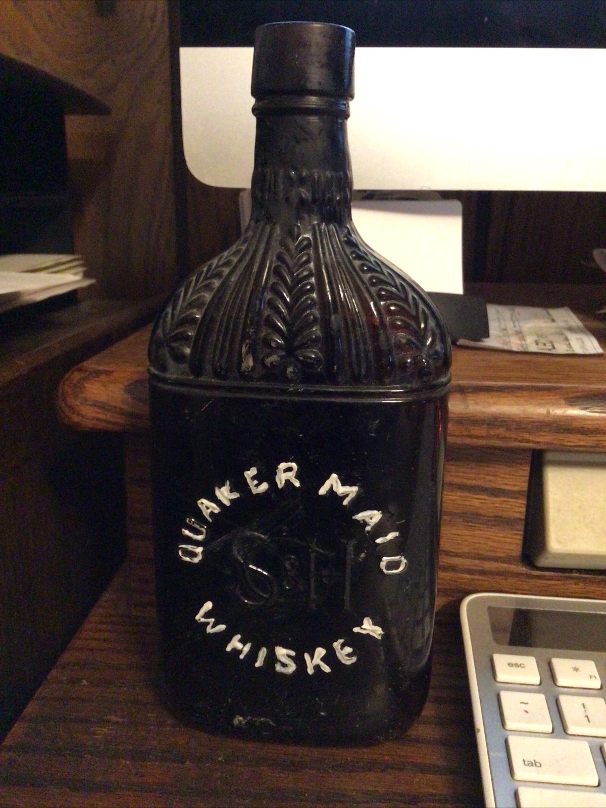 PINT EMBOSSED QUAKER MAID AMBER WHISKEY BOTTLE. SCH . LETTERS 1890’s MAVERICK