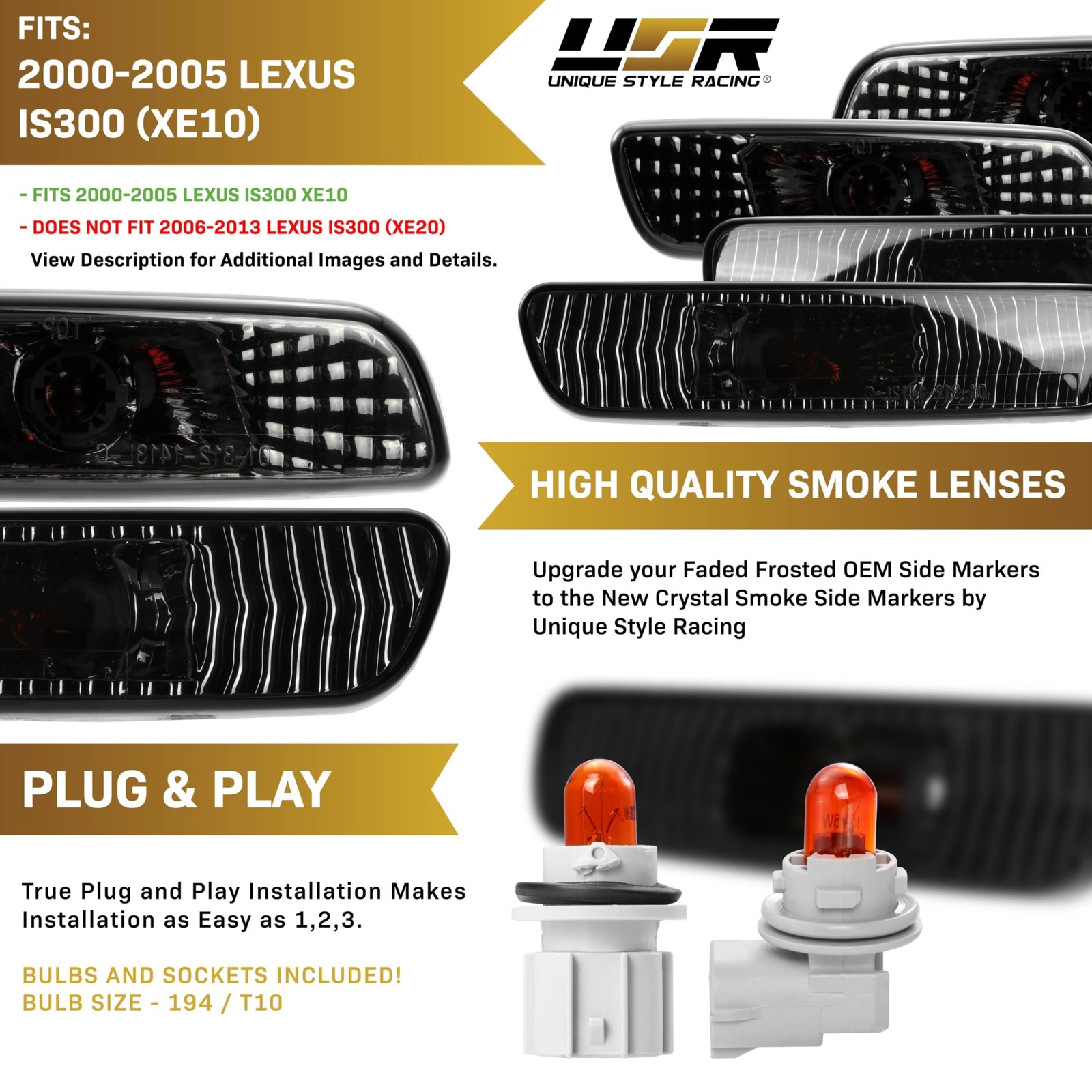 USR 00-05 IS 300 Side Marker Lights Sets - Combo Front + Rear Bumper Sidemark...