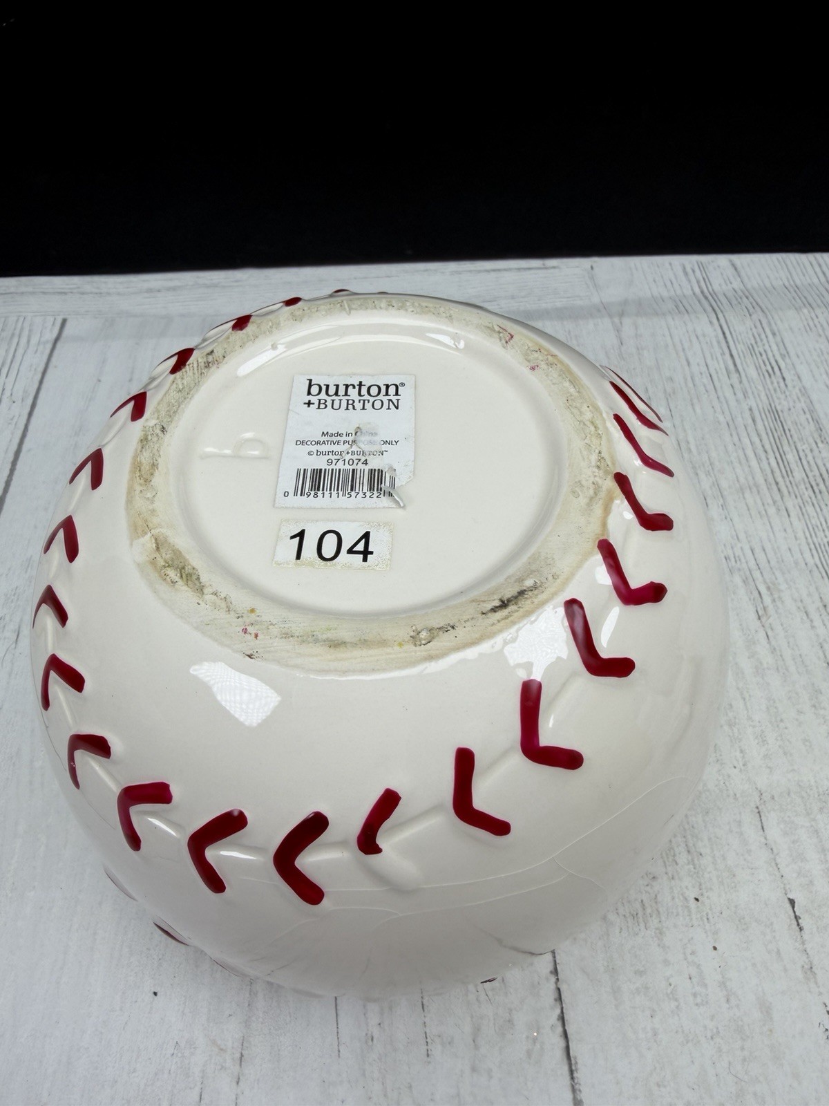Burton + Burton Ceramic Baseball Planter Pot Raised Stitching