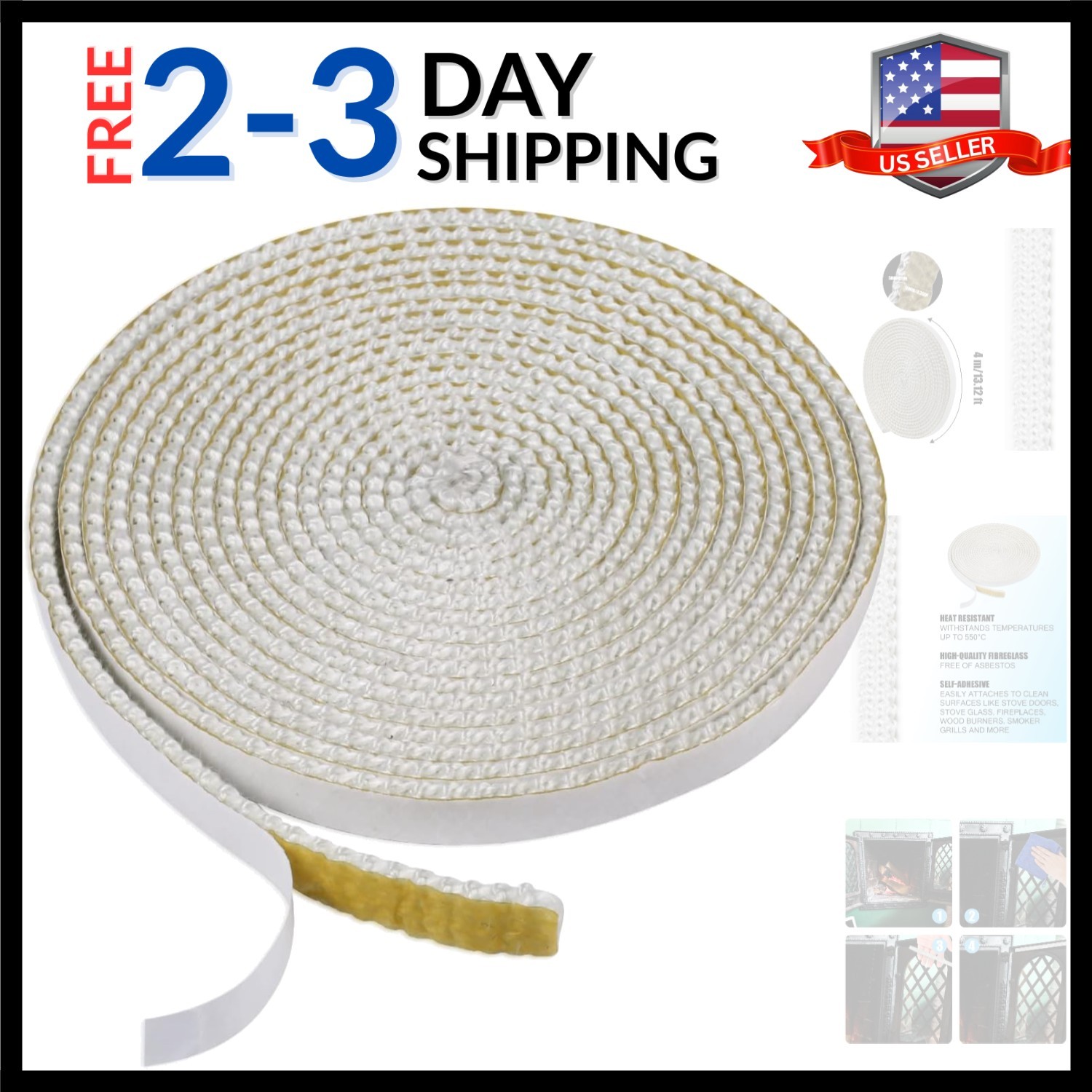Fireplace Tape Seal 13Ft x 0.4inch x 3mm, Self-Adhesive Fiberglass Rope Seal ...