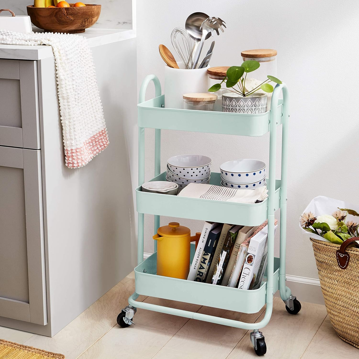 Basics 3-Tier Metal Rolling Utility or Kitchen Cart - Mint Green