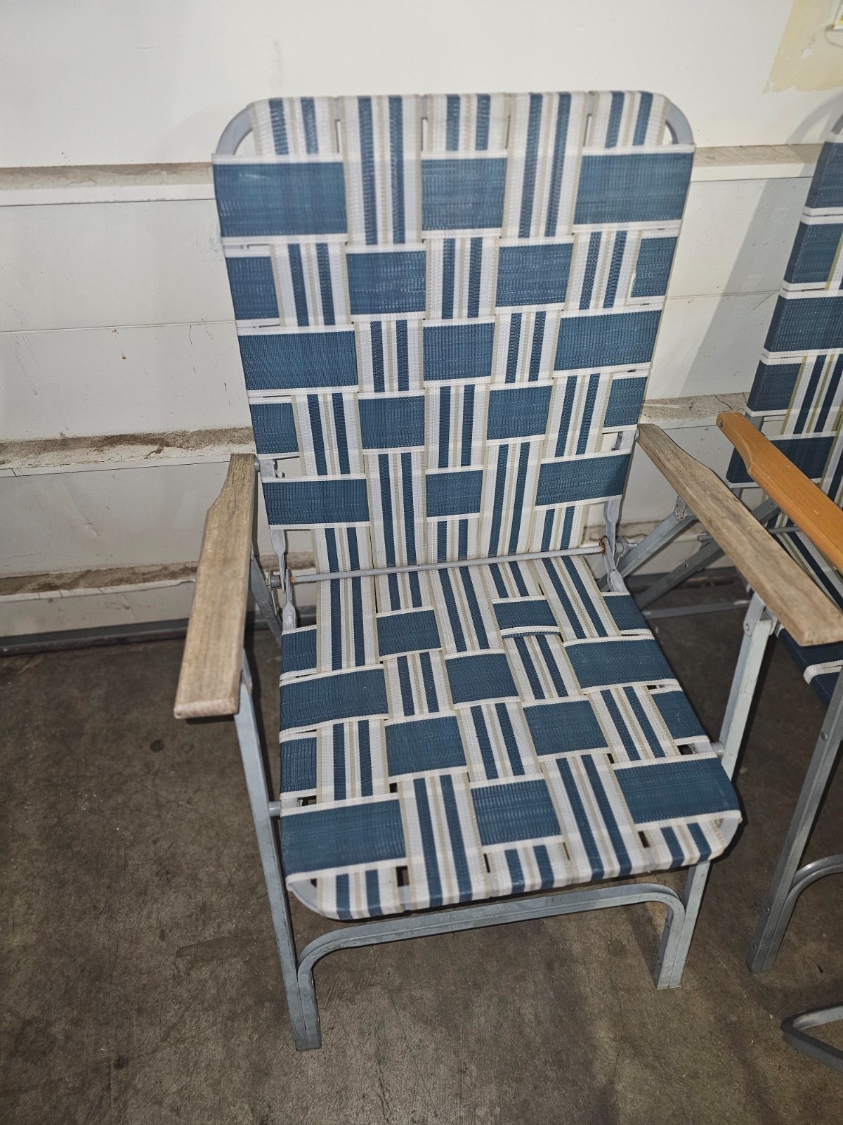 Vintage Mid Century Folding Steel Nylon Web Lawn Chairs Wood Armrests set of 4
