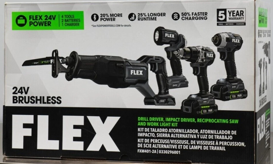 Flex FXM401-2A Impact Driver Recip Saw Drill Driver & Work Light 4-Combo Kit NIB